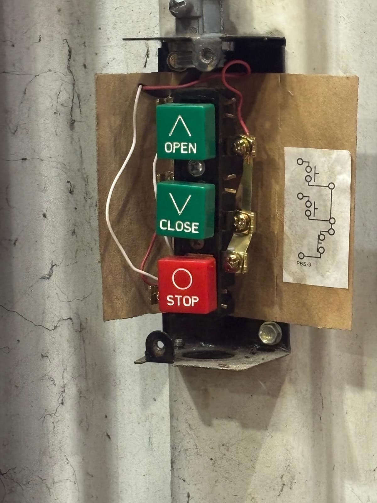 A three-button commercial door control station with green OPEN, green CLOSE and red STOP buttons mounted on a concrete wall